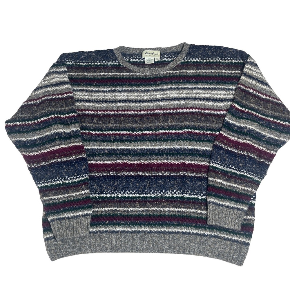 Eddie Bauer Chunky Knit Sweater L Mens White VTG Made In USA 1980's Fair Isle